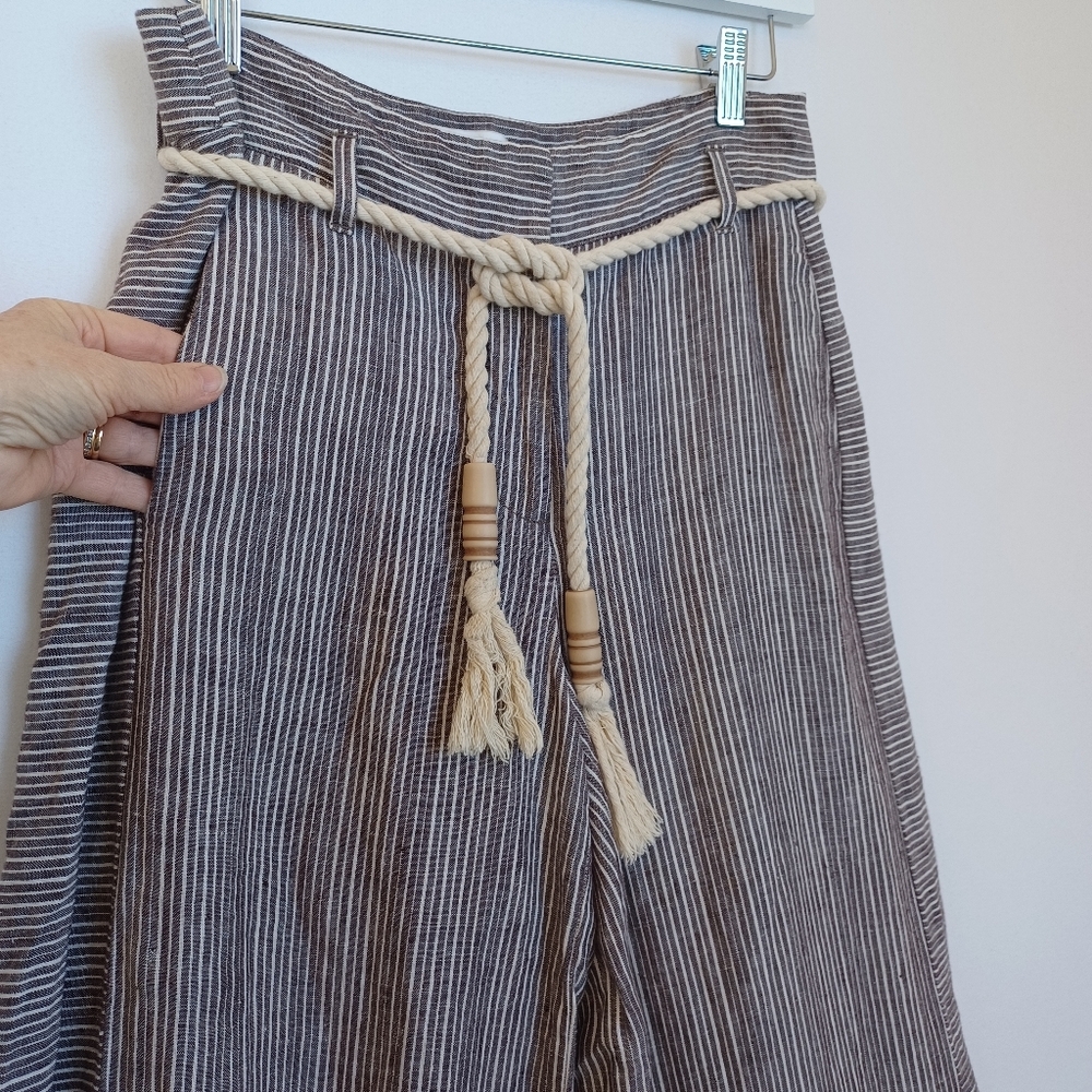 Ett Twa Anthropologie Striped Wide Leg Pants Brown White Rope Belt Tassel Size 2 - Picture 9 of 15